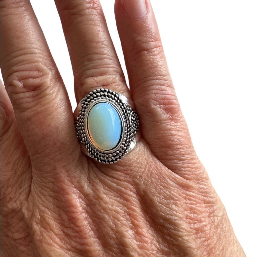 Silver and Translucent Oval Stone Ring